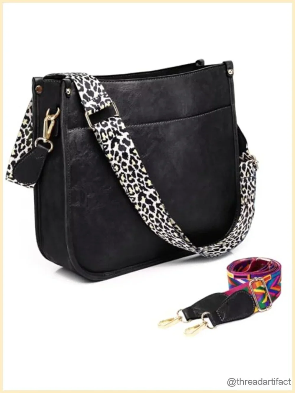 Vegan Leather Crossbody Bag with 2 Guitar Straps, Zip Pockets, Shoulder Bag